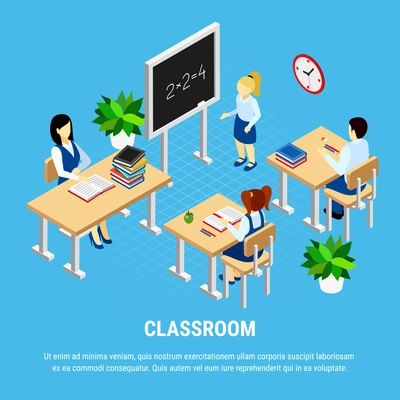 Pupils and teacher at mathematics lesson in classroom education 3d isometric vector illustration