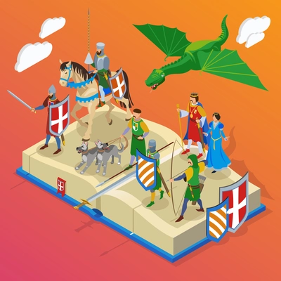 Medieval isometric composition with small people characters of cold warrior knights and dragons with big book vector illustration