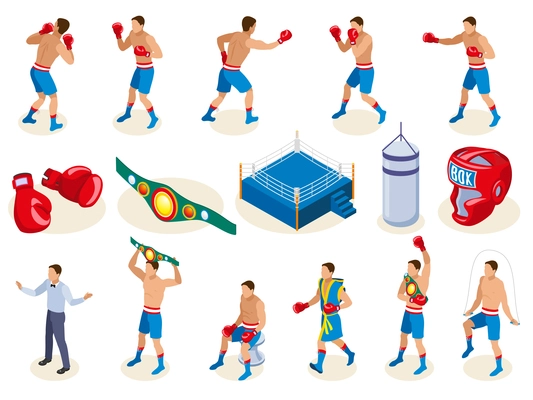 Box isometric icons collection with isolated images of boxing equipment and male human characters of athletes vector illustration