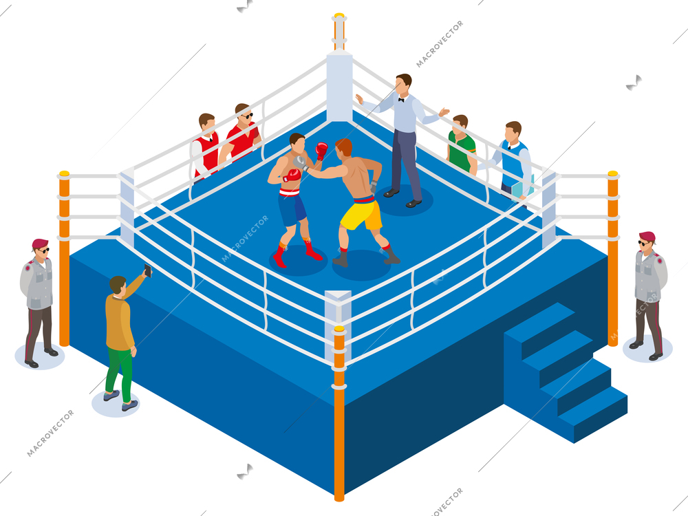 Box isometric composition with view of outdoor boxing ring with two athletes referee and fan characters vector illustration