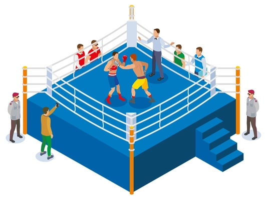 Box isometric composition with view of outdoor boxing ring with two athletes referee and fan characters vector illustration