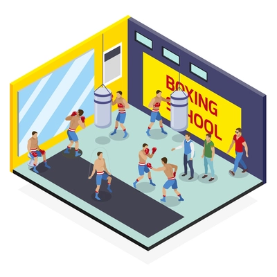 Box isometric composition with view of boxing school exercise room with human characters and punching bags vector illustration