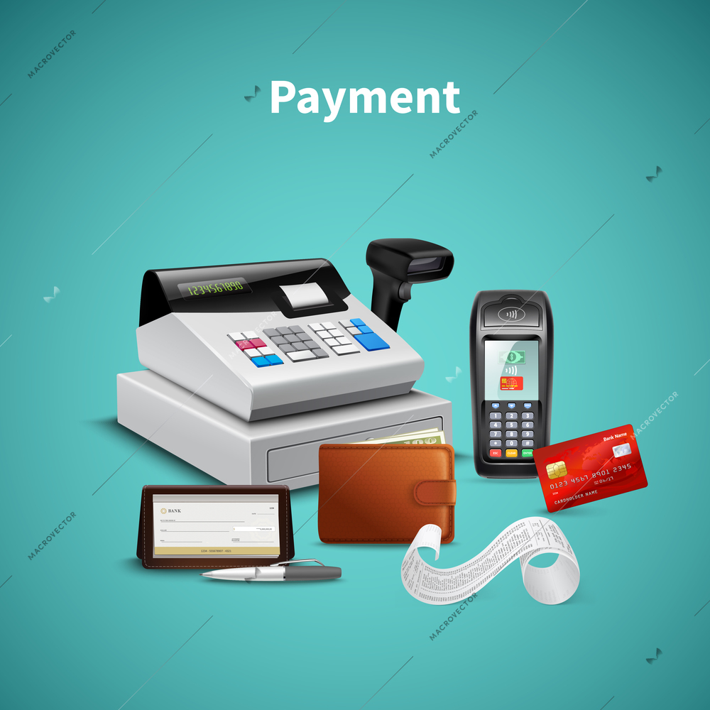 Payment processing on pos terminal wallet with money cash register  realistic composition on turquoise background vector illustration