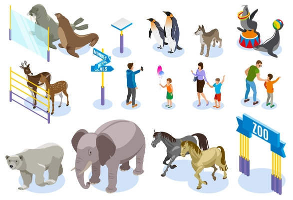 Contact zoo isometric icons collection of animals human characters of adult people and children with shadows vector illustration