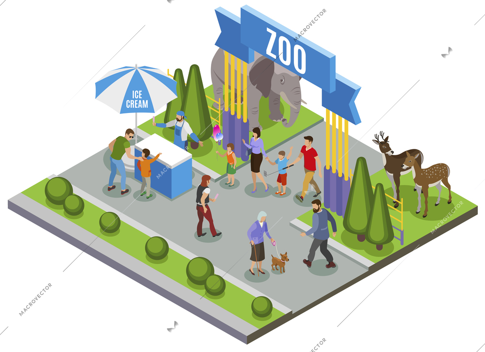 Contact zoo isometric composition with outdoor view of main entrance gate of zoo with ice cream vector illustration