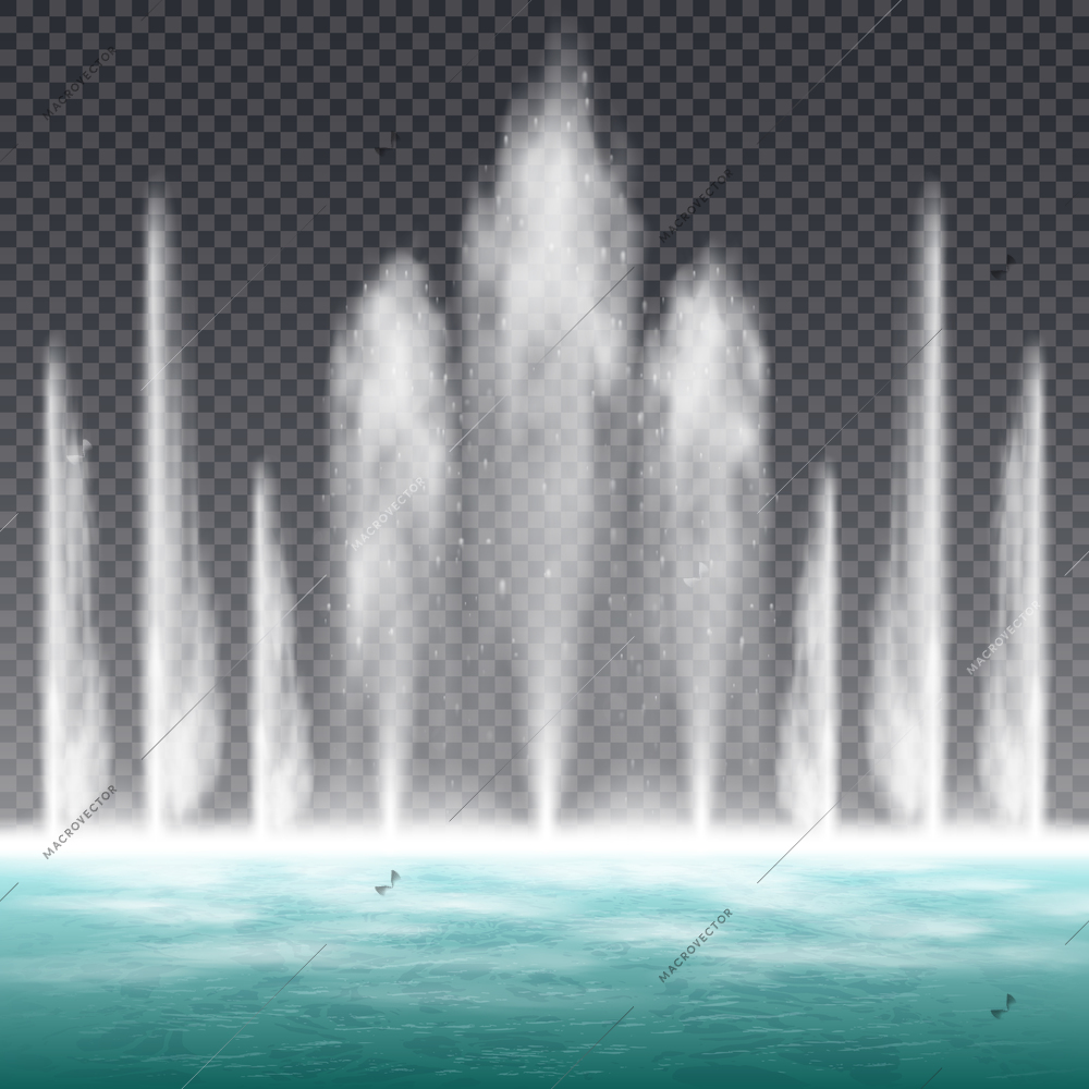 Dancing jumping jet fountain with dynamic water shape effect realistic image against transparent background vector illustration