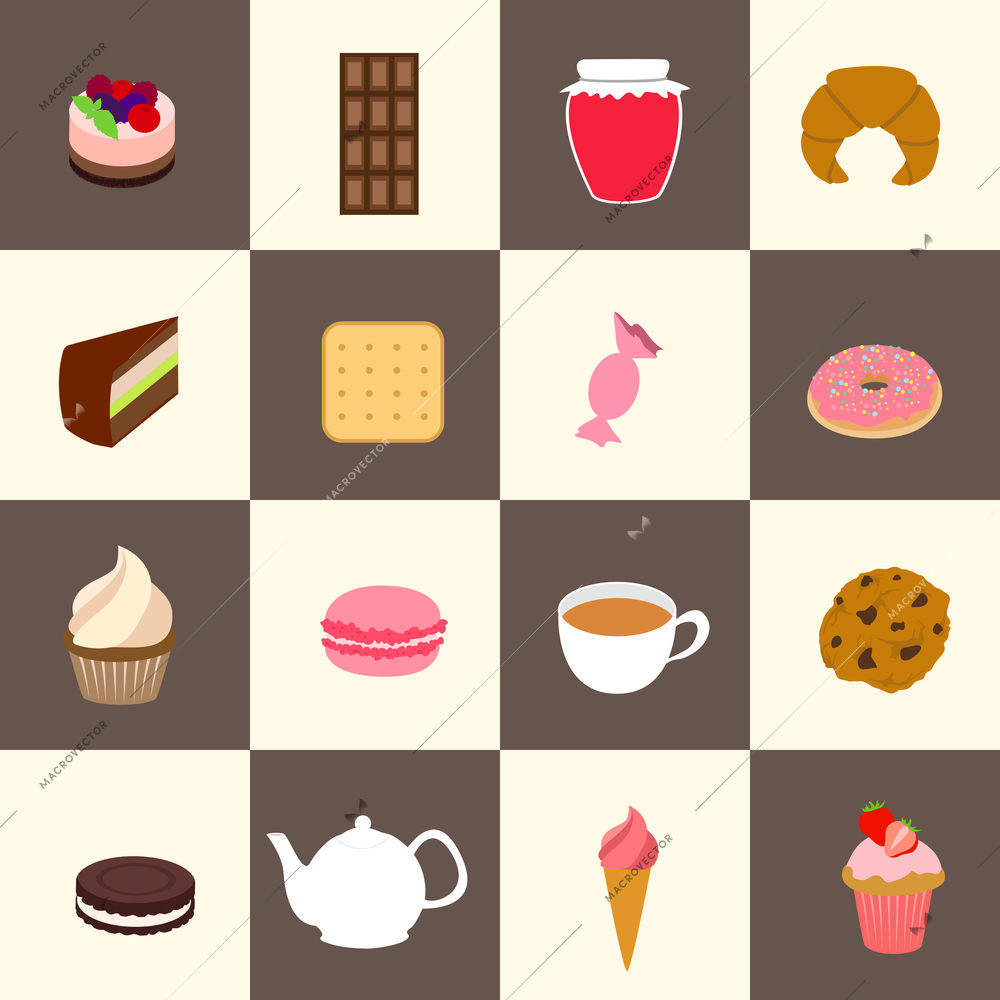 Fresh pastry and sweets set with tea cup and pot isolated vector illustration