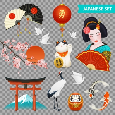 Japanese national symbols realistic set with cherry blossom geisha crane gate fuji mount transparent background vector illustration