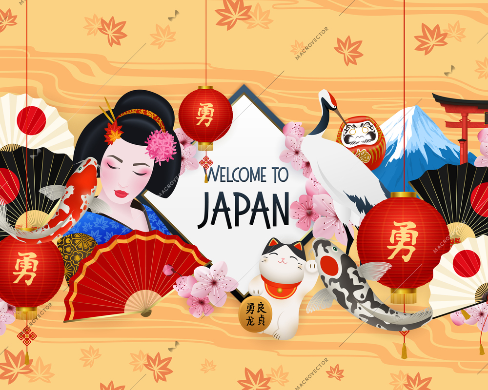 Welcome to japan realistic frame national symbols composition with red lantern geisha maneki neko cat vector illustration