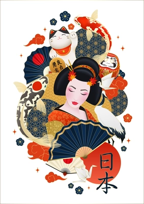 Japanese geisha surrounded with colorful carps crane beckoning cat national symbols composition decorative poster realistic vector illustration