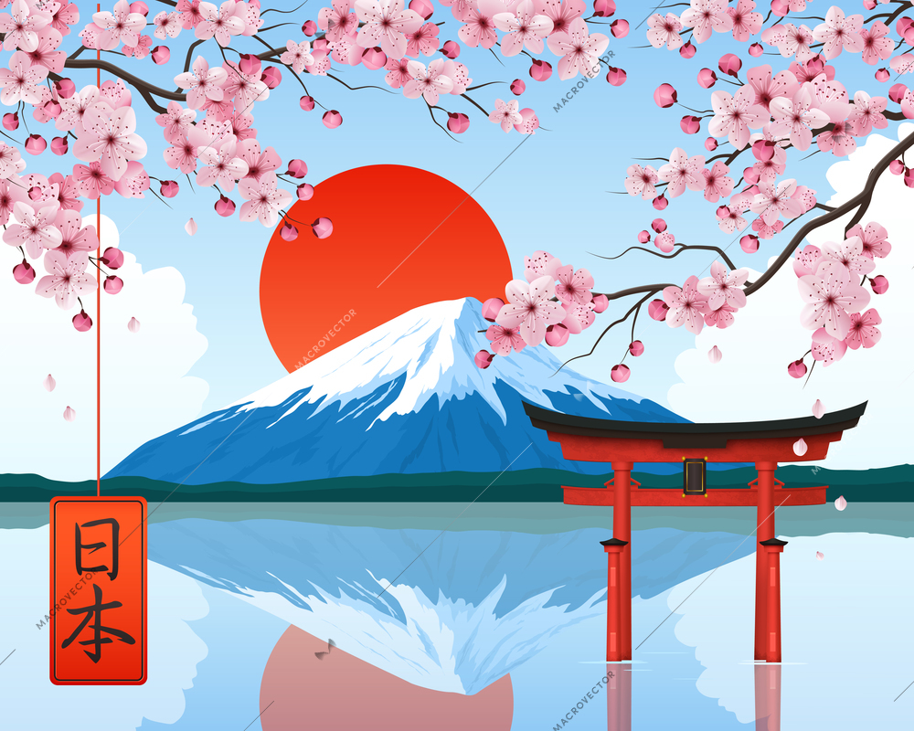 Japan landscape elements symbols landmarks realistic composition with rising sun fuji mountain cherry blossom gate vector illustration