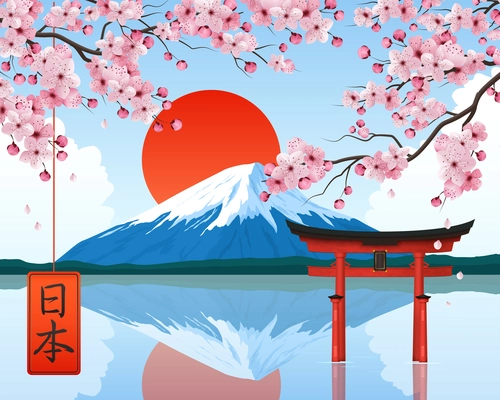 Japan landscape elements symbols landmarks realistic composition with rising sun fuji mountain cherry blossom gate vector illustration