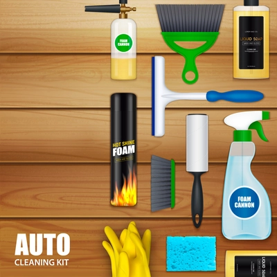 Auto cleaning realistic set with liquid soap foam spray car wash brush wood planks background vector illustration