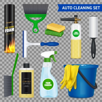 Auto cleaning realistic set with gloves bucket liquid soap foam car wash brushes transparent background vector illustration