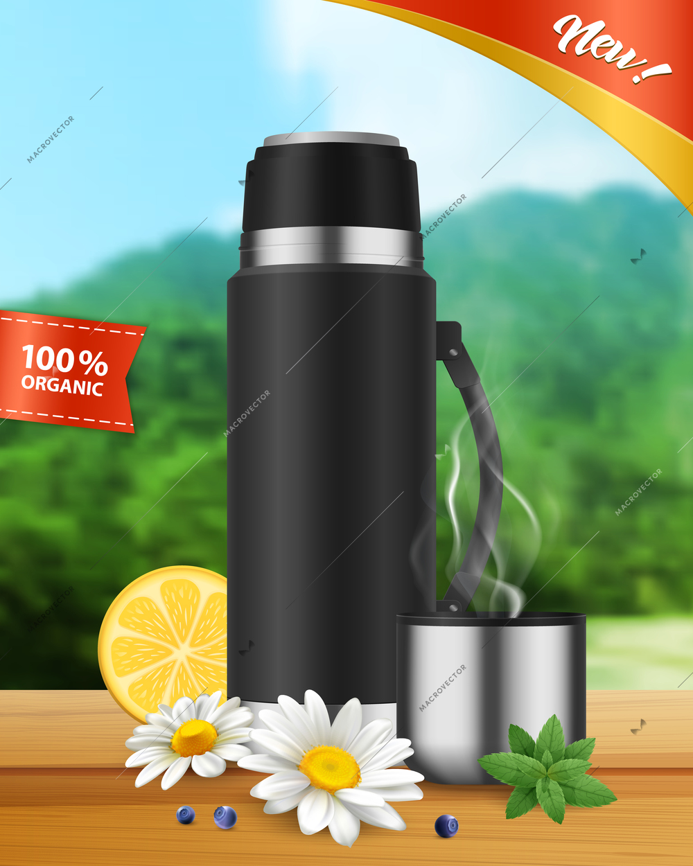 Black realistic insulated vacuum flask with hot organic beverage in stainless lid cup landscape background vector illustration