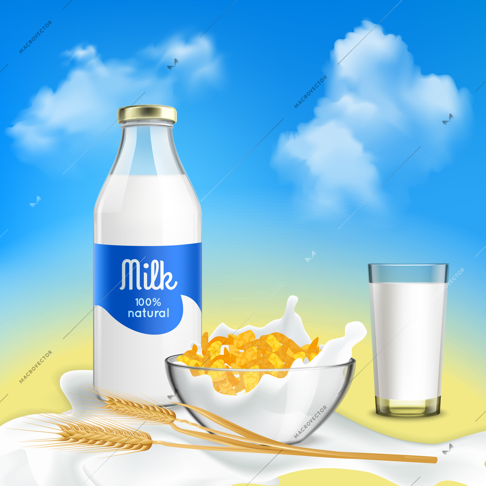 Healthy breakfast with natural milk and grain flakes bowl realistic composition against blue sky background vector illustration