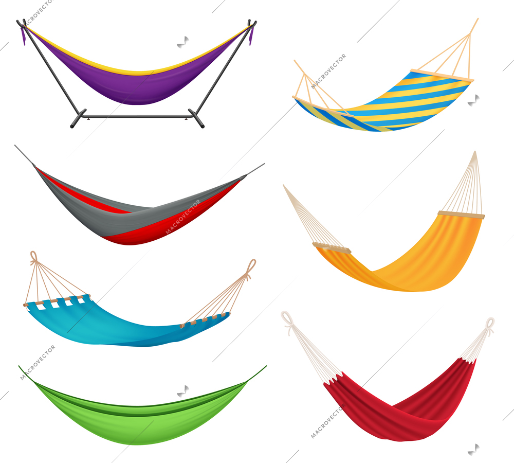 Different types colorful hanging fabric rope hammocks set with poolside attached to stands variety isolated vector illustration