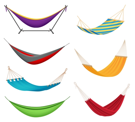 Different types colorful hanging fabric rope hammocks set with poolside attached to stands variety isolated vector illustration