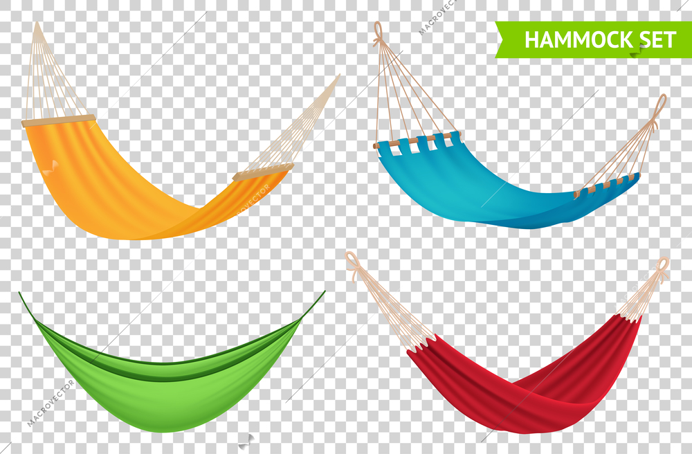 Various types 4 colorful hanging hammocks set with red yellow blue green fabric transparent background vector illustration