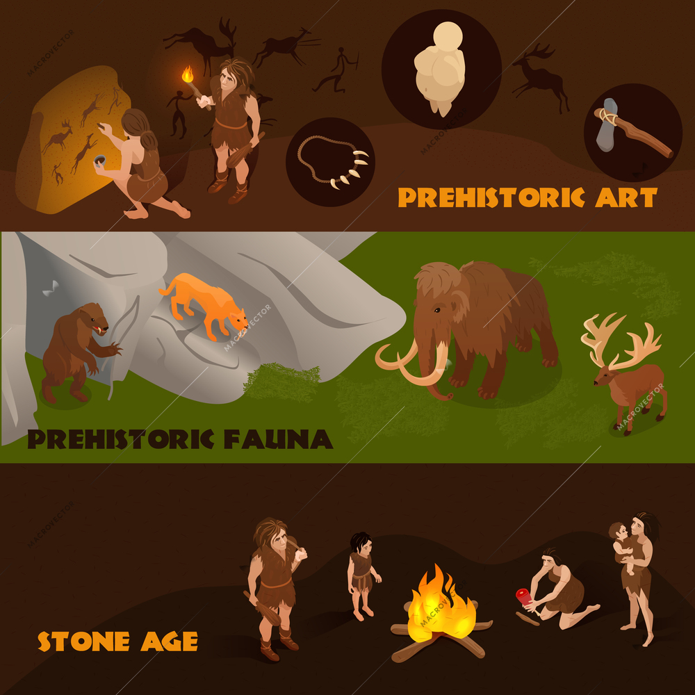 Horizontal isometric banners set with prehistoric fauna primitive people and their art 3d isolated vector illustration