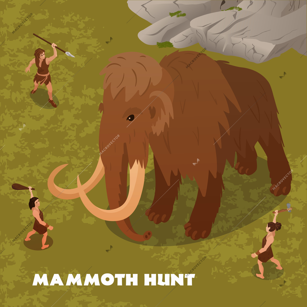 Three primitive people hunting mammoth 3d isometric vector illustration