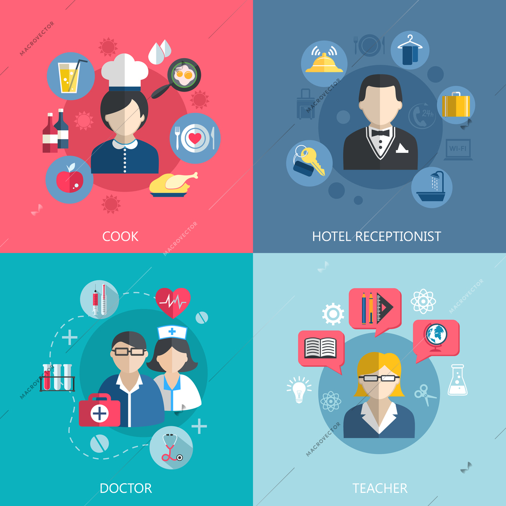 People professions concept flat icons set of cook doctor hotel receptionist and school teacher jobs for infographics design web elements vector illustration