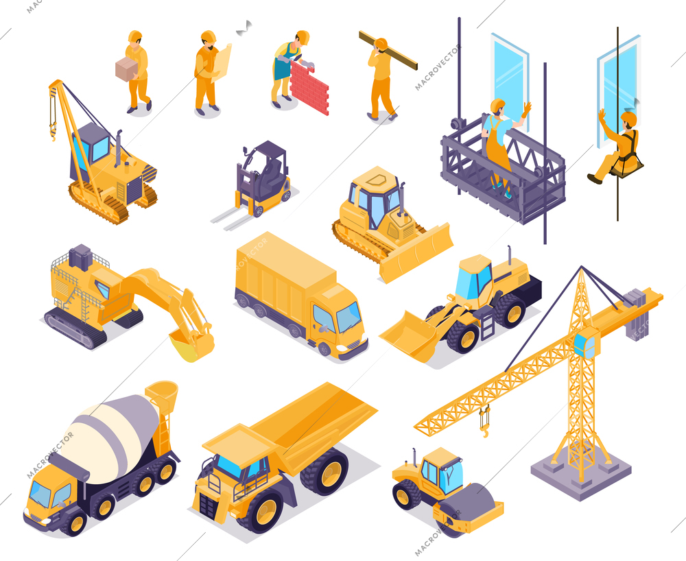 Construction isometric icons set with workers and various equipment for house building isolated on white background 3d vector illustration