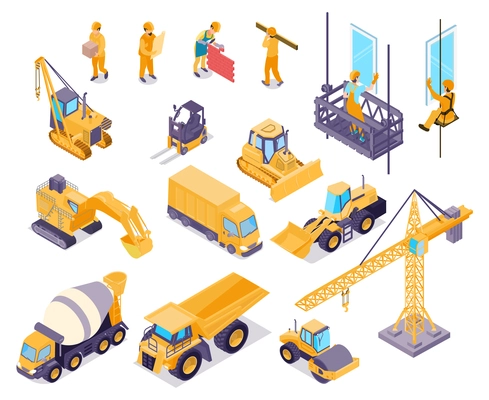 Construction isometric icons set with workers and various equipment for house building isolated on white background 3d vector illustration