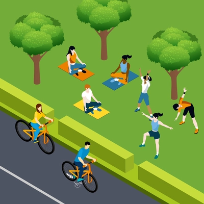 Fitness isometric composition with open air park landscape and people characters riding bicycles doing yoga workout vector illustration