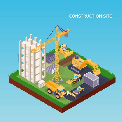 Construction site isometric concept with house foundation crane excavator bulldozer and materials on blue background 3d vector illustration