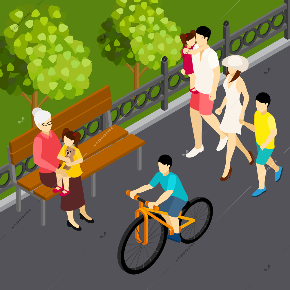 Family summer weekend vacation outdoor isometric composition with walking mom father kids and son cycling vector illustration