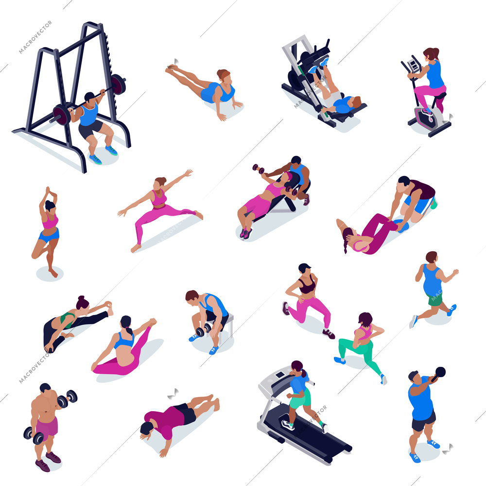 People doing fitness and yoga in gym isometric set isolated in white background 3d vector illustration