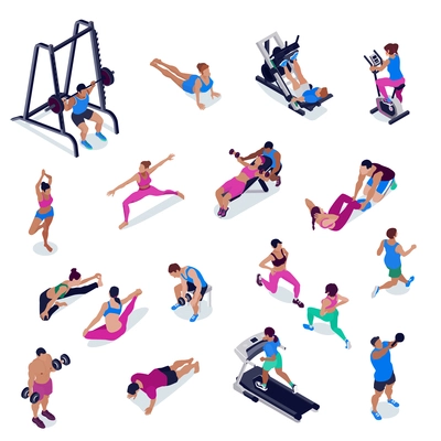 People doing fitness and yoga in gym isometric set isolated in white background 3d vector illustration