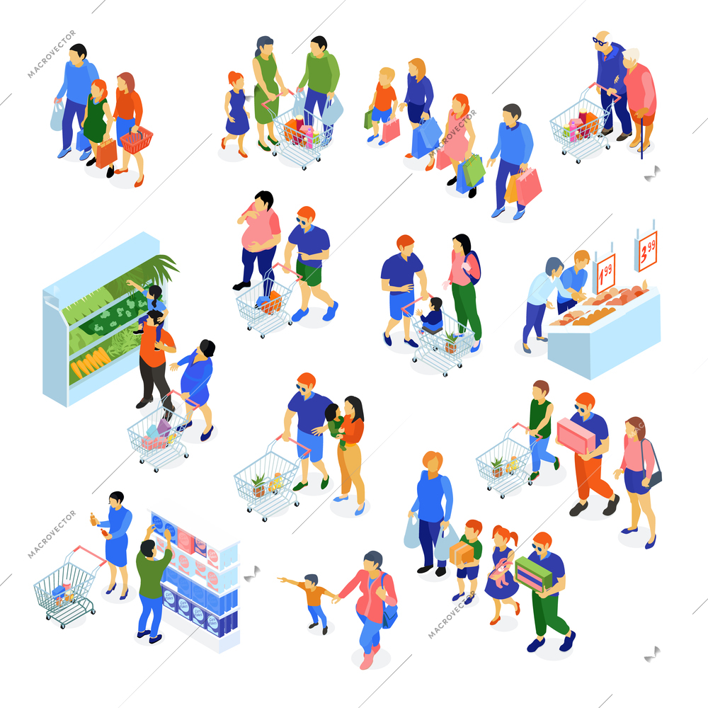 Isometric set of icons with families doing shopping in supermarket isolated on white background 3d vector illustration