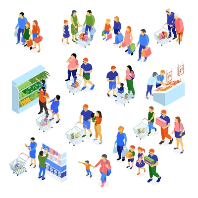 Isometric set of icons with families doing shopping in supermarket isolated on white background 3d vector illustration