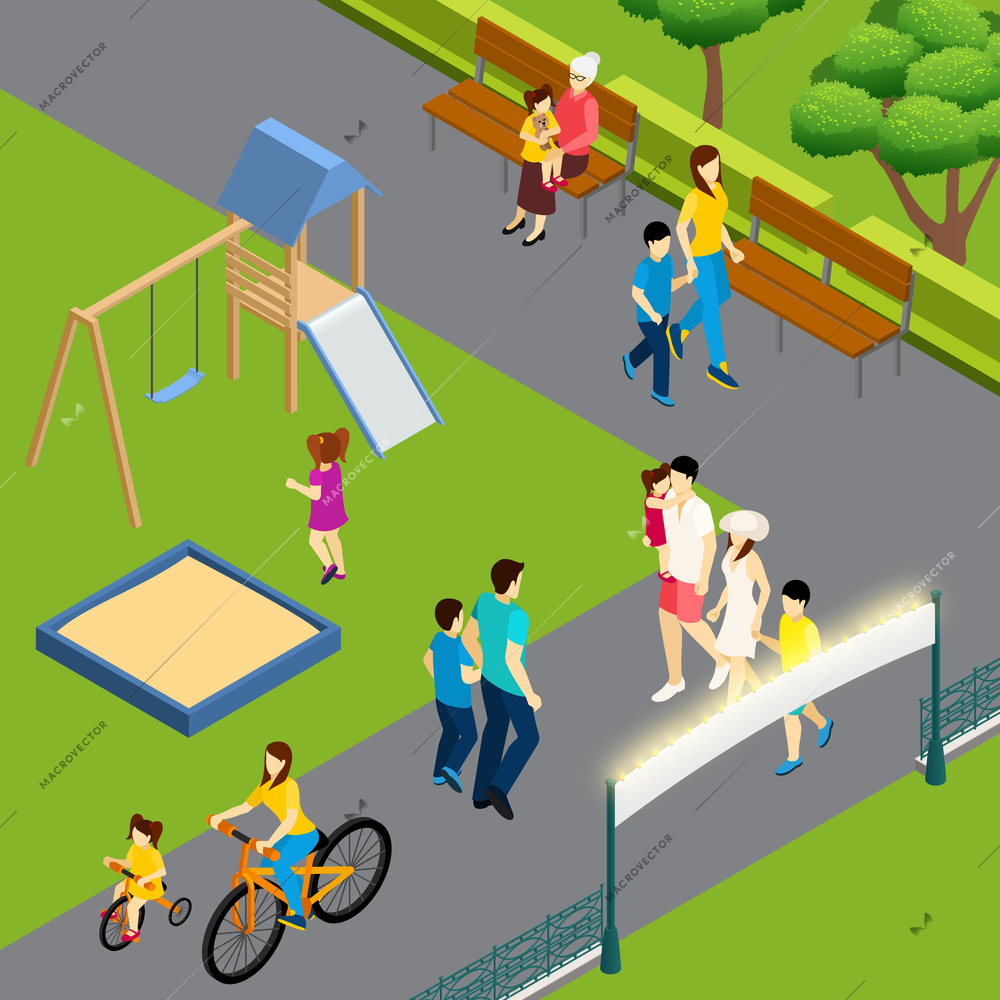 Family weekend outdoor isometric composition with walking by playground in city park with cycling kids vector illustration