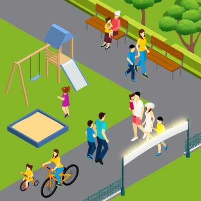 Family weekend outdoor isometric composition with walking by playground in city park with cycling kids vector illustration