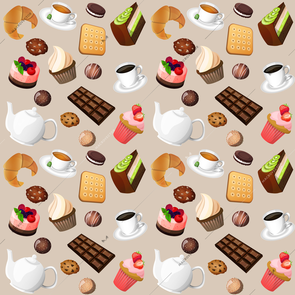 Coffee and sweets seamless background of cakes chocolate biscuits vector illustration