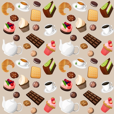 Coffee and sweets seamless background of cakes chocolate biscuits vector illustration