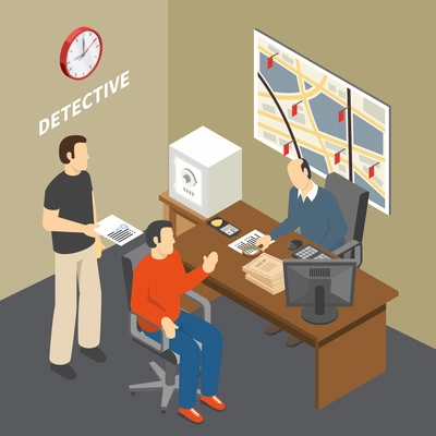 Solving crime investigator collecting information talking to witness in law enforcement agency detectives office isometric vector illustration