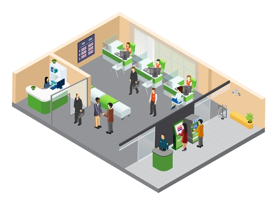Bank isometric composition with indoor view of bank branch with working clerks and customer human characters vector illustration