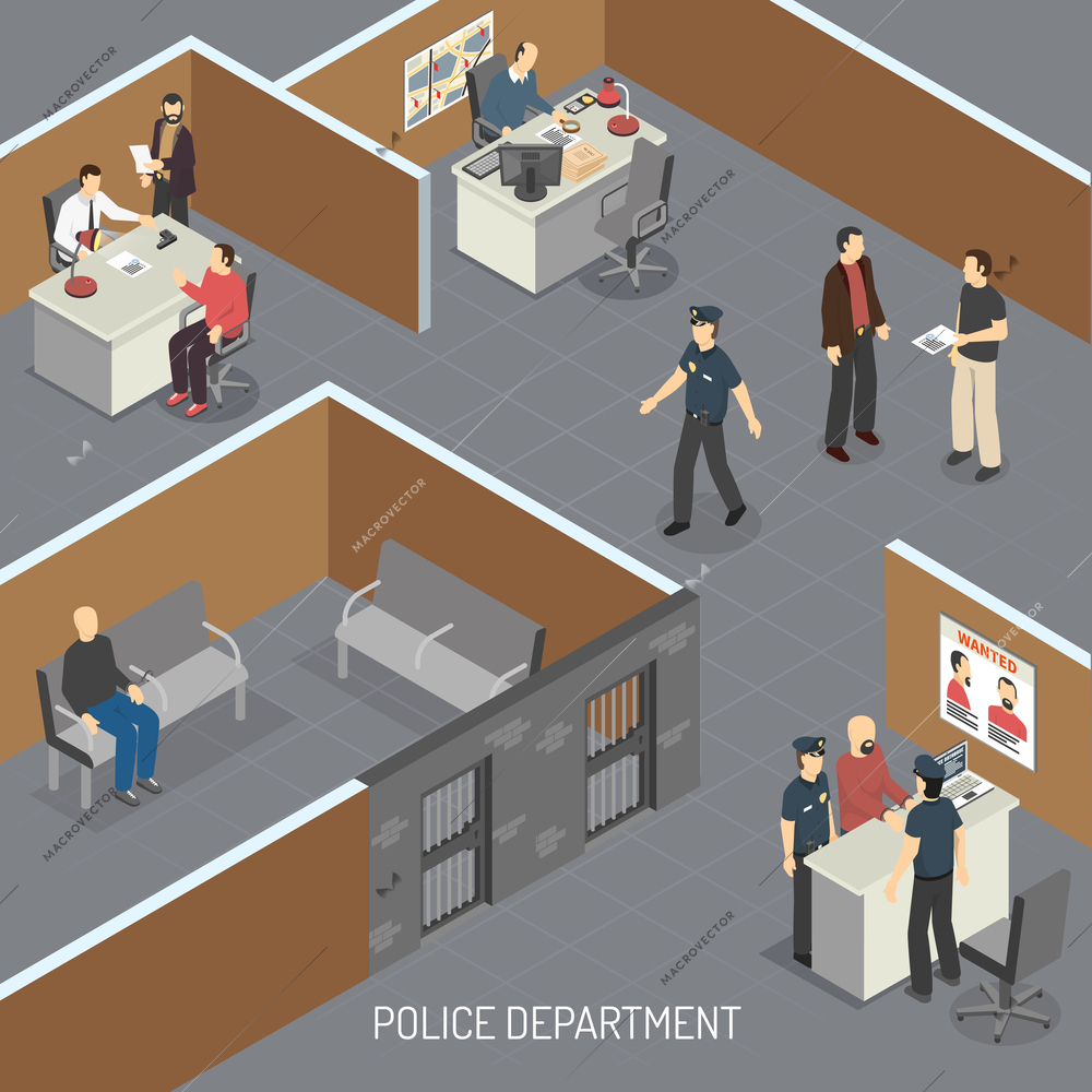 Police department interior isometric composition with crime suspect in pretrial provisional detention and detectives office vector illustration