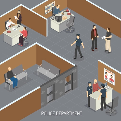 Police department interior isometric composition with crime suspect in pretrial provisional detention and detectives office vector illustration