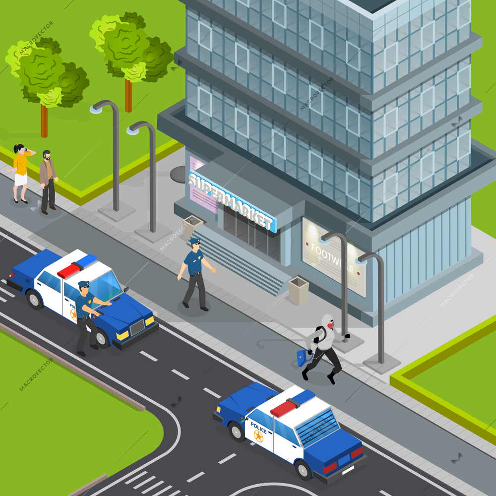 Law justice police service isometric composition with burglar caught stealing handbag from pedestrians arrest scene vector illustration
