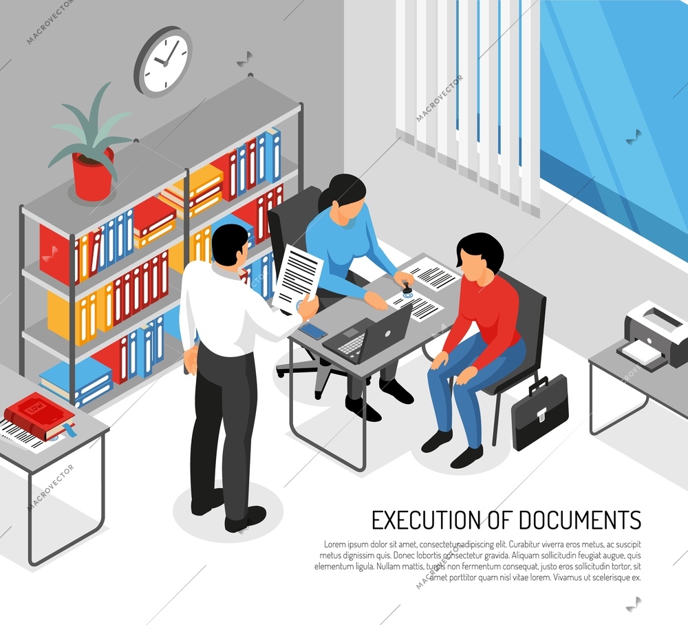 Notary and clients during execution of documents in office interior isometric vector illustration