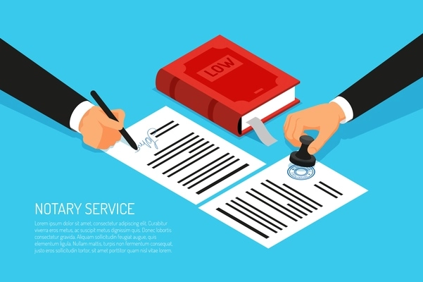 Notary service execution of documents seal and signature on papers on blue background isometric vector illustration