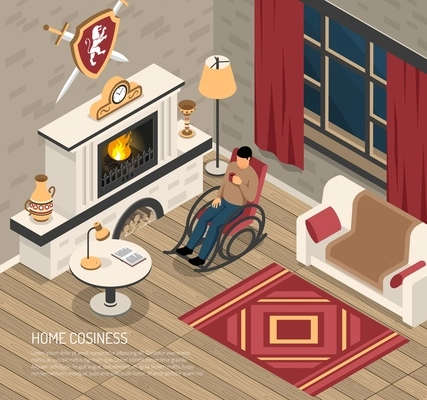 Man enjoying home cosiness in rocking chair with drink near fire place isometric vector illustration