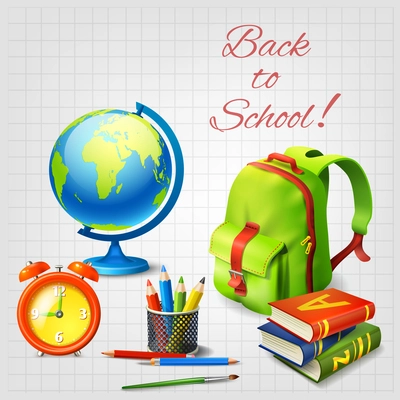 Back to school realistic design concept with alarm clock school bag globe stack of textbooks on squared paper background vector illustration