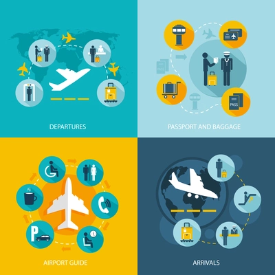 Airport terminal flight services concept flat icons set of passenger arrivals departures passport control luggage check and mass transit for infographics design web elements vector illustration