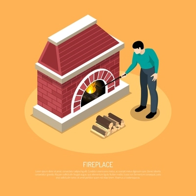 Man with poker near red white fire place from brick on orange background isometric vector illustration